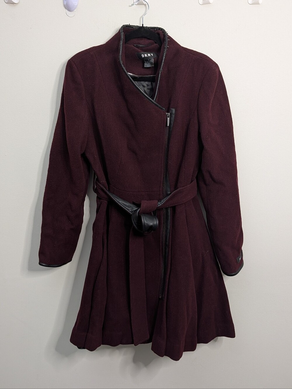 DKNY Burgundy Wool Belted Coat M